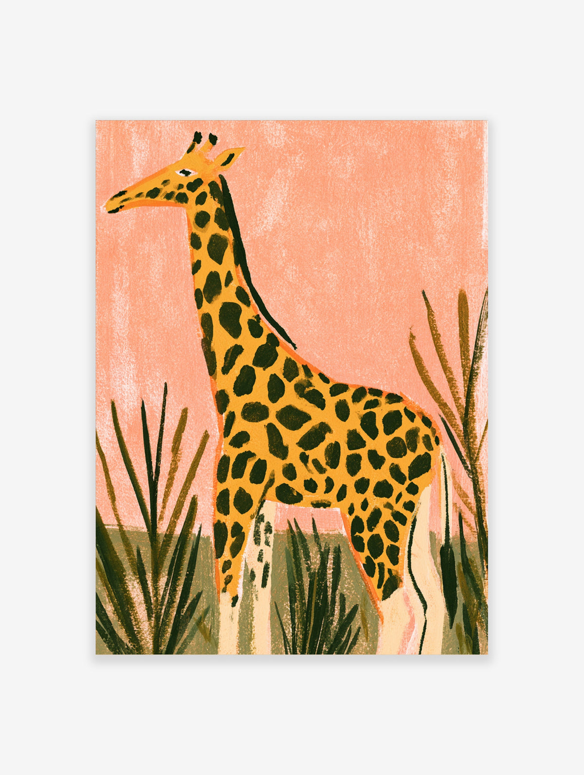 Tall orange giraffe with dark spots on peach background, animal poster