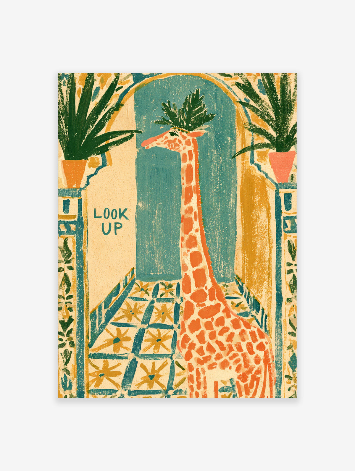 Colourful giraffe art print with leafy crown, teal arch, 'LOOK UP' text, and potted palms