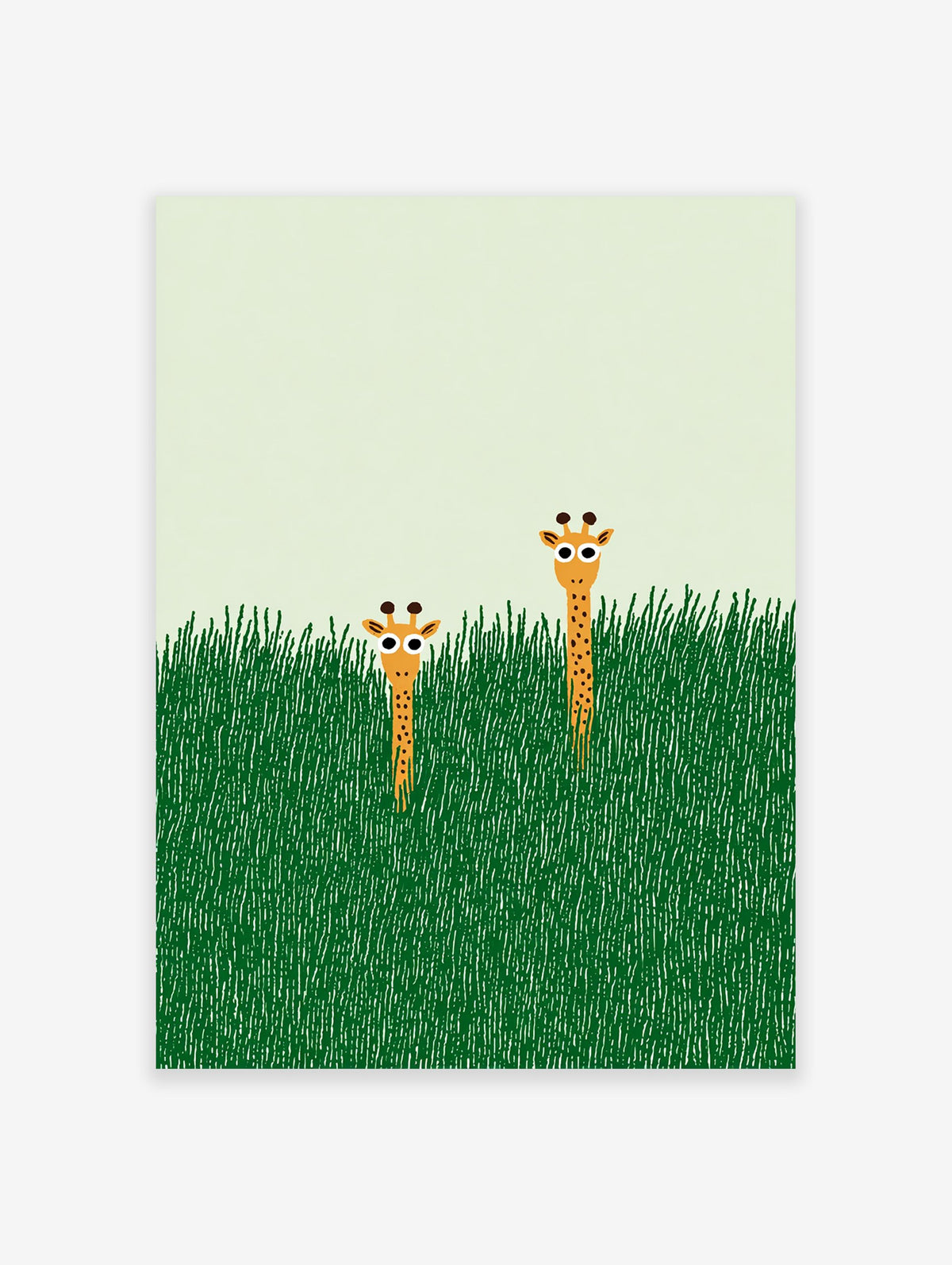 Illustrated giraffe wall art print featuring two giraffes peeking from tall green grass with a light green sky.