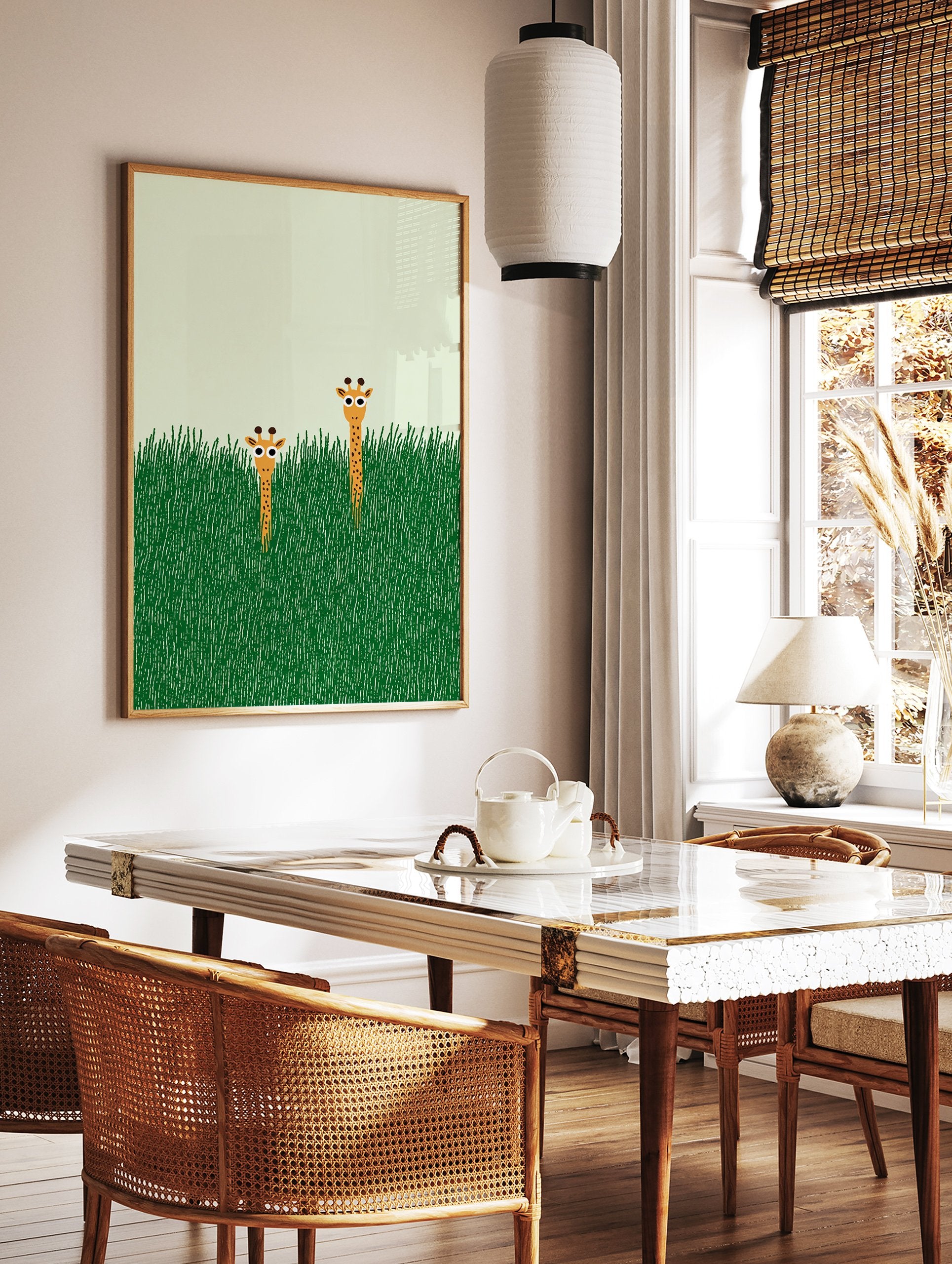 Illustrated giraffe wall art print featuring two giraffes peeking from tall green grass with a light green sky. - Image 2