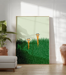 Illustrated giraffe wall art print featuring two giraffes peeking from tall green grass with a light green sky. - Image 3