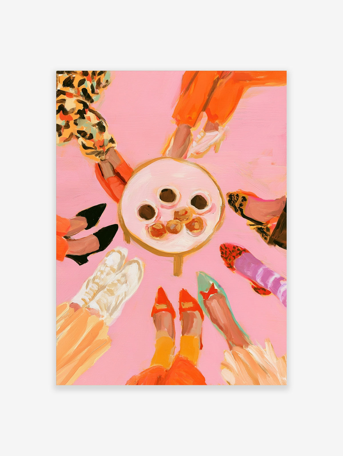 Fashion illustration of various colourful shoes in a circle around a table of treats on a pink background