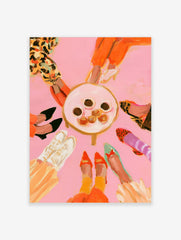 Fashion illustration of various colourful shoes in a circle around a table of treats on a pink background