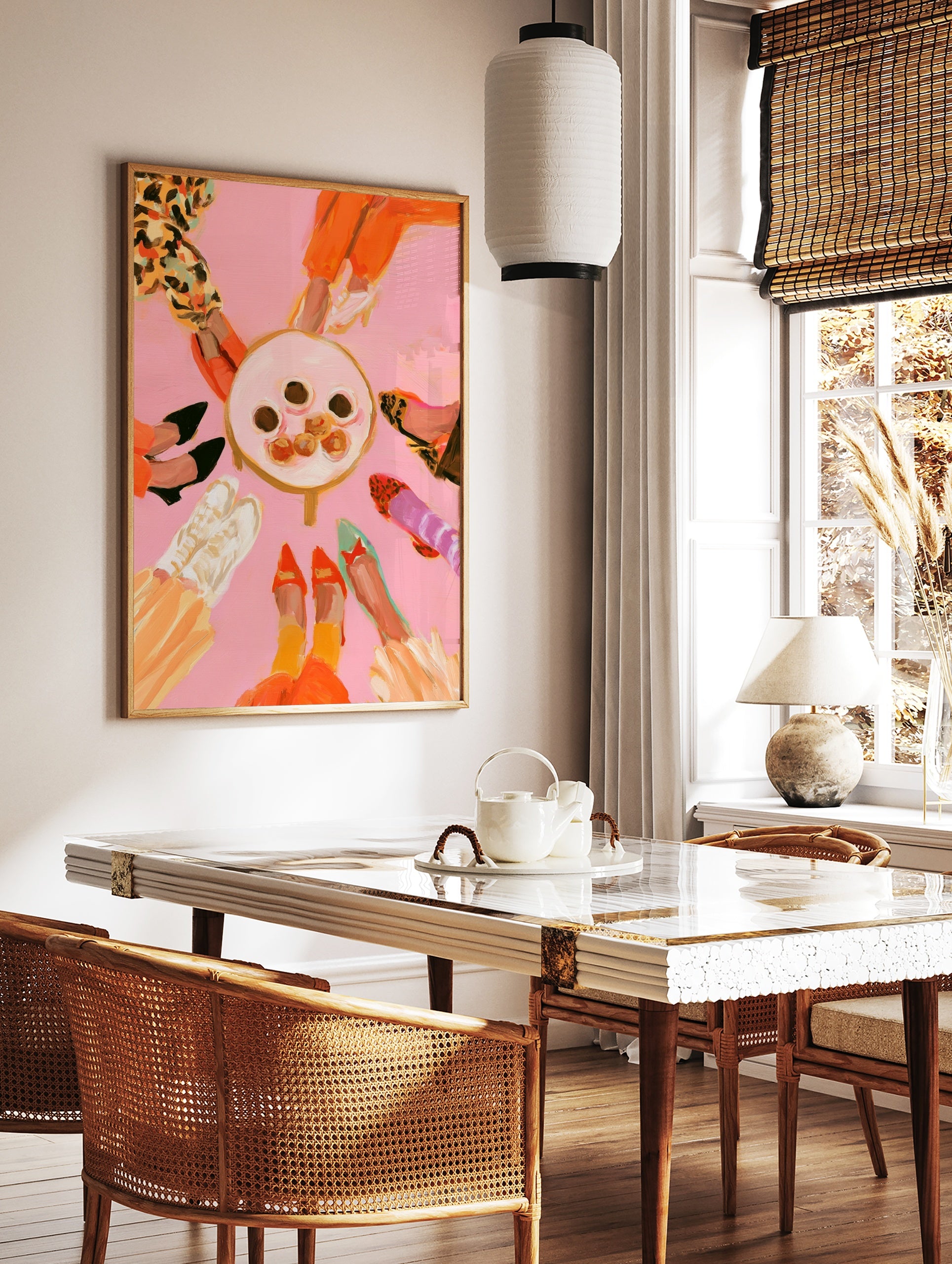 Fashion illustration of various colourful shoes in a circle around a table of treats on a pink, in a styled room mockup
