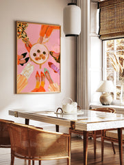 Fashion illustration of various colourful shoes in a circle around a table of treats on a pink, in a styled room mockup