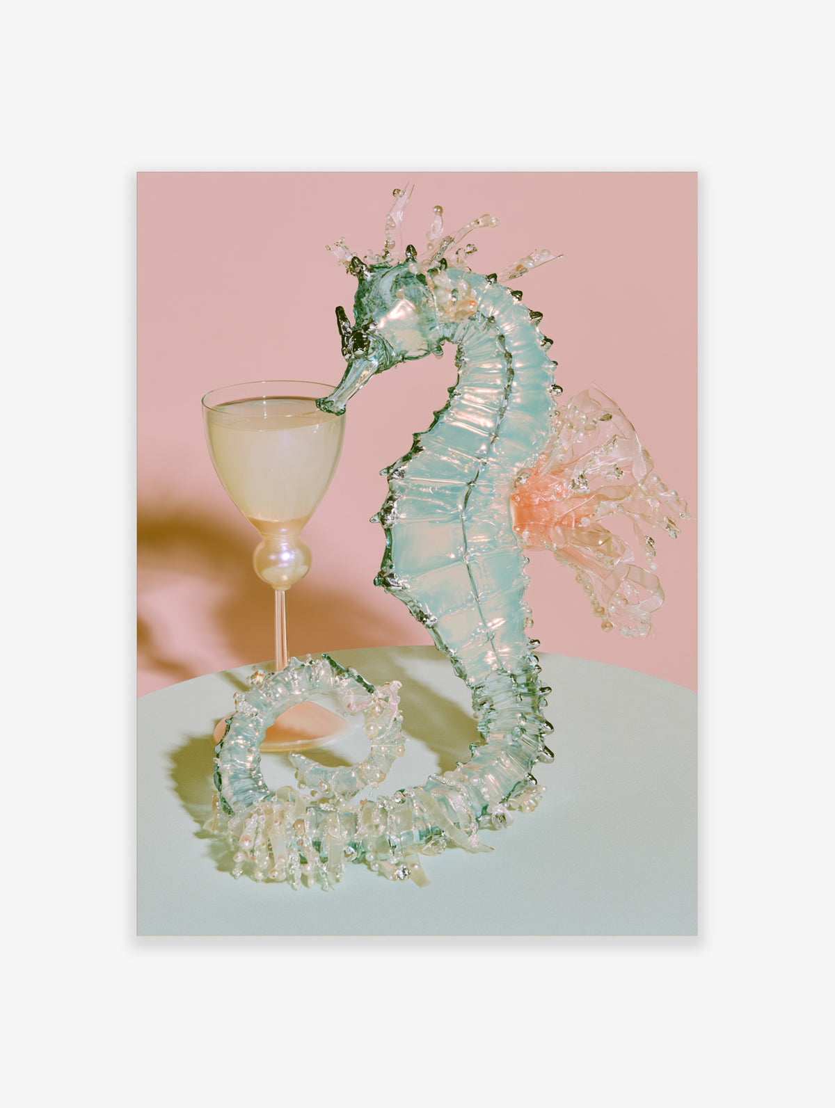 Glass seahorse sipping from a goblet on pink and mint background art print