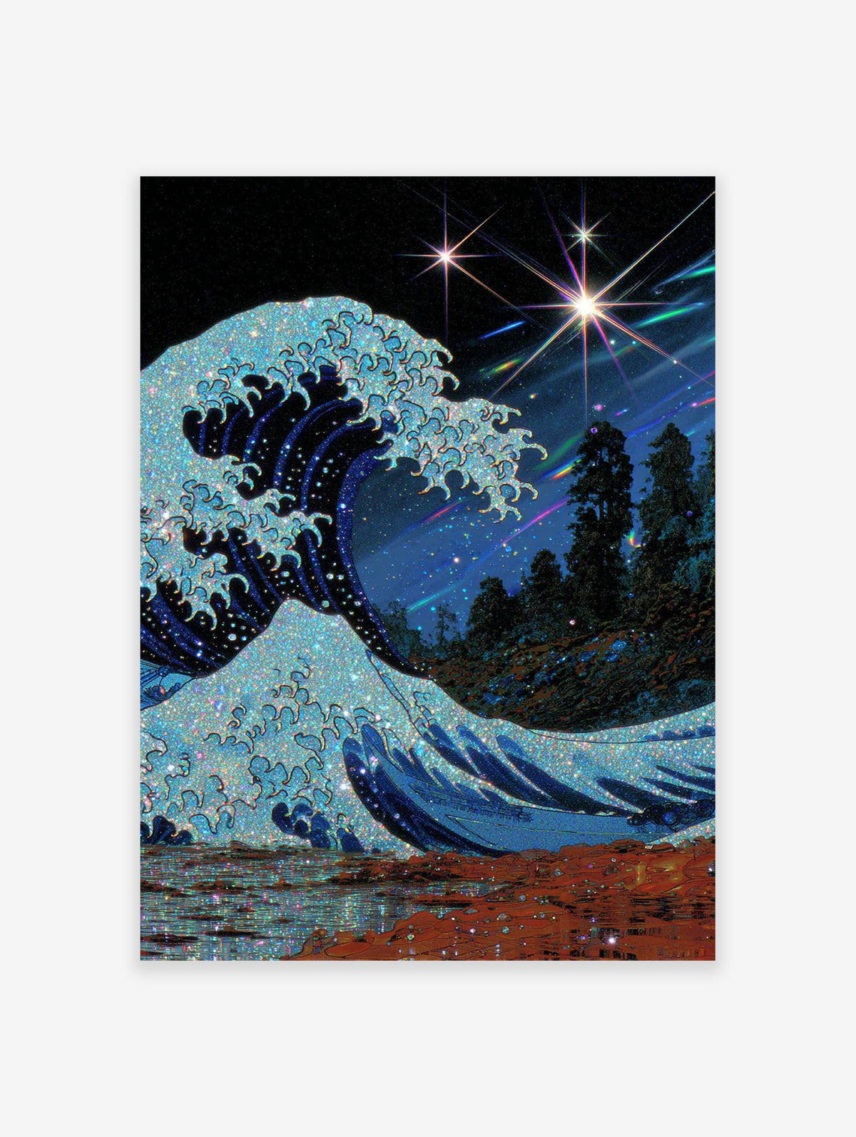 Glittery blue ocean wave under a starry, cosmic night sky with shooting stars, with dark trees and reddish foreground.