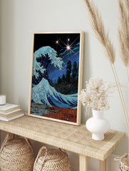 Glittery blue ocean wave under a starry, cosmic night sky with shooting stars, with dark trees and reddish foreground. - Image 3