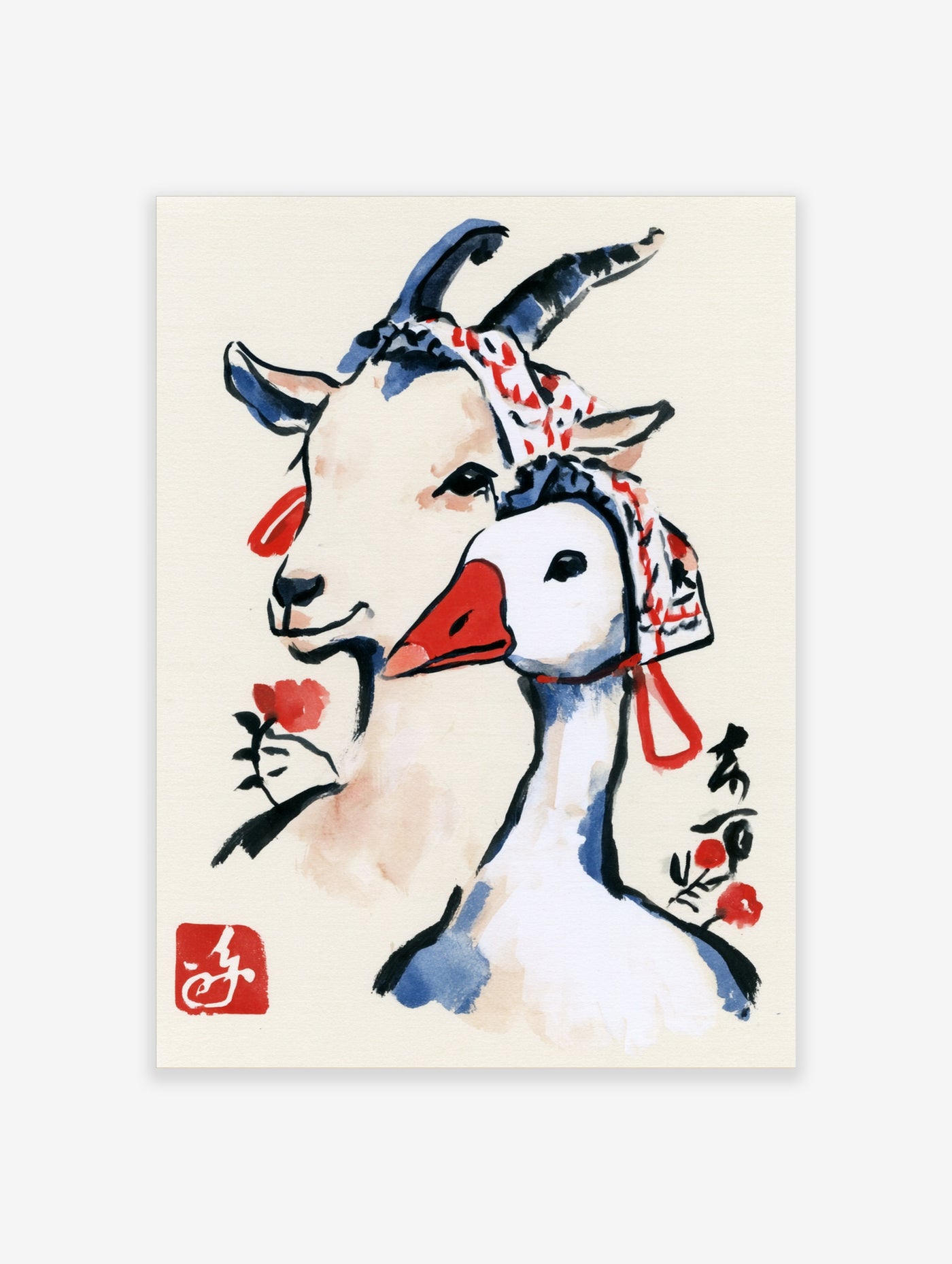 Goat and goose ink wash art with red headscarves and flowers, red seal and calligraphy