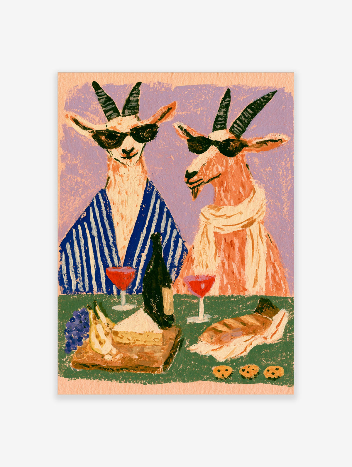Goat and llama in sunglasses at a table with wine, cheese, and bread, lilac background