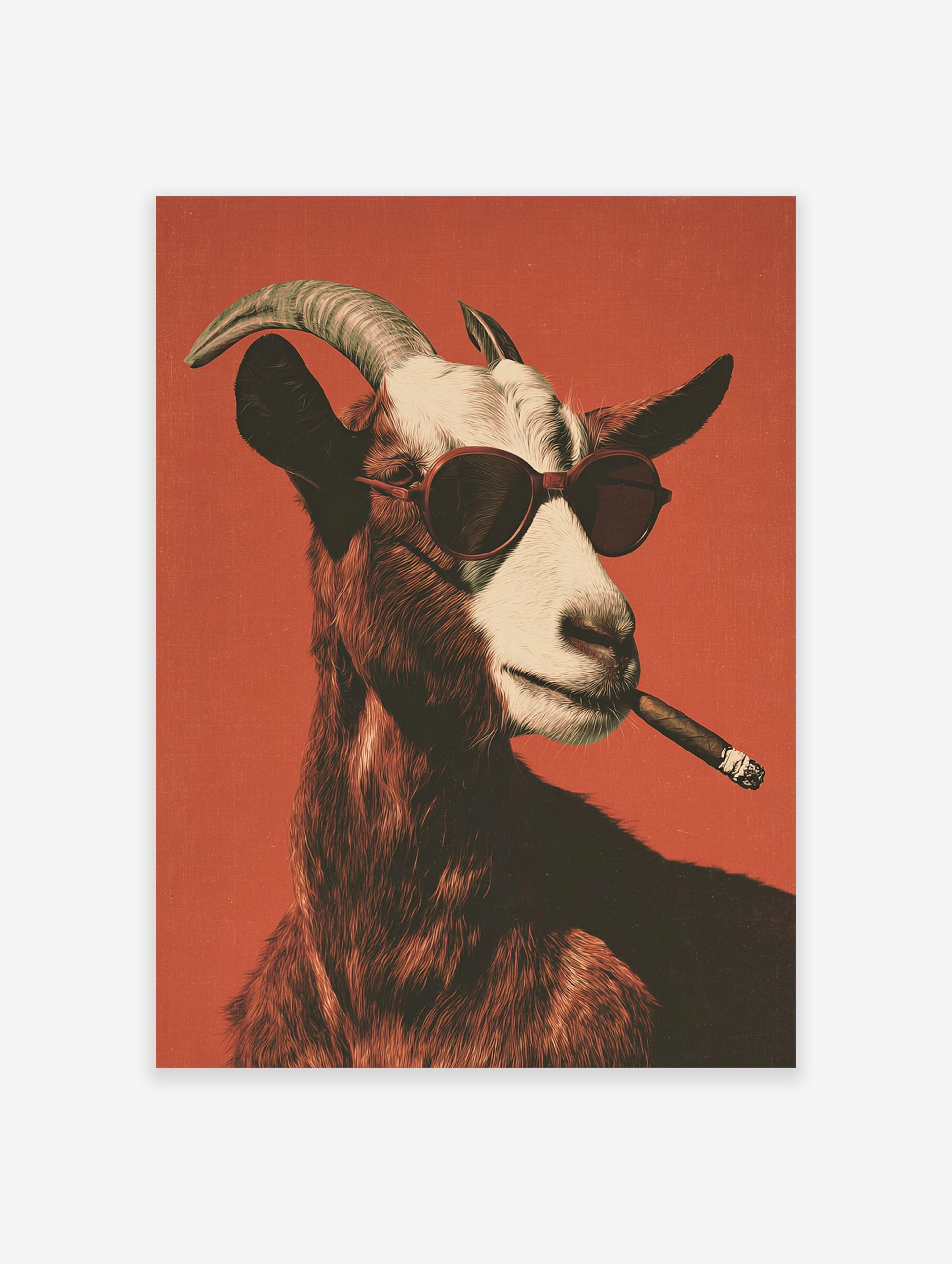 Goat poster featuring a cool goat wearing sunglasses and smoking a cigar against a vibrant red background.