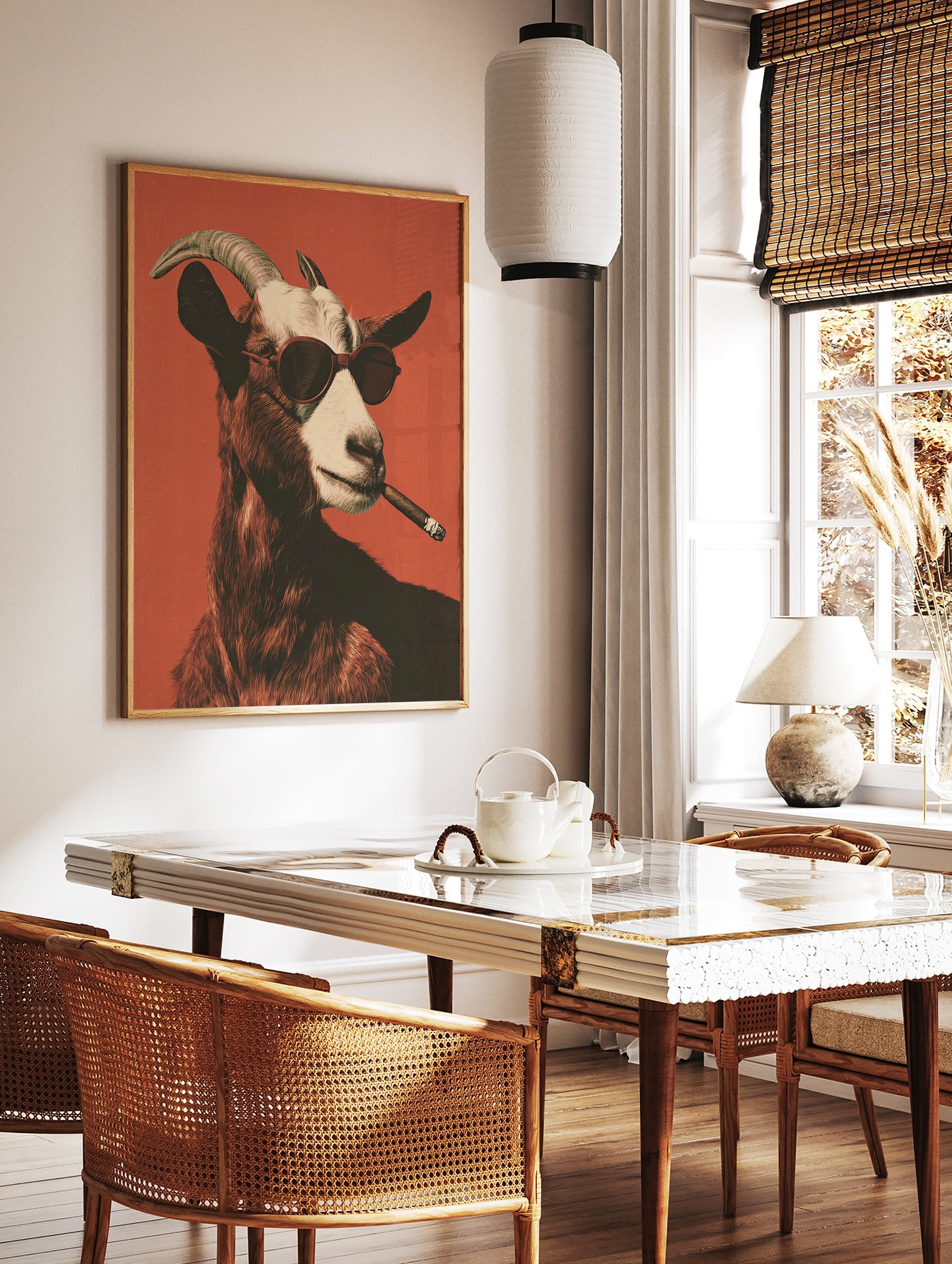 Goat poster featuring a cool goat wearing sunglasses and smoking a cigar against a vibrant red background. - Image 2