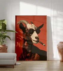 Goat poster featuring a cool goat wearing sunglasses and smoking a cigar against a vibrant red background. - Image 3