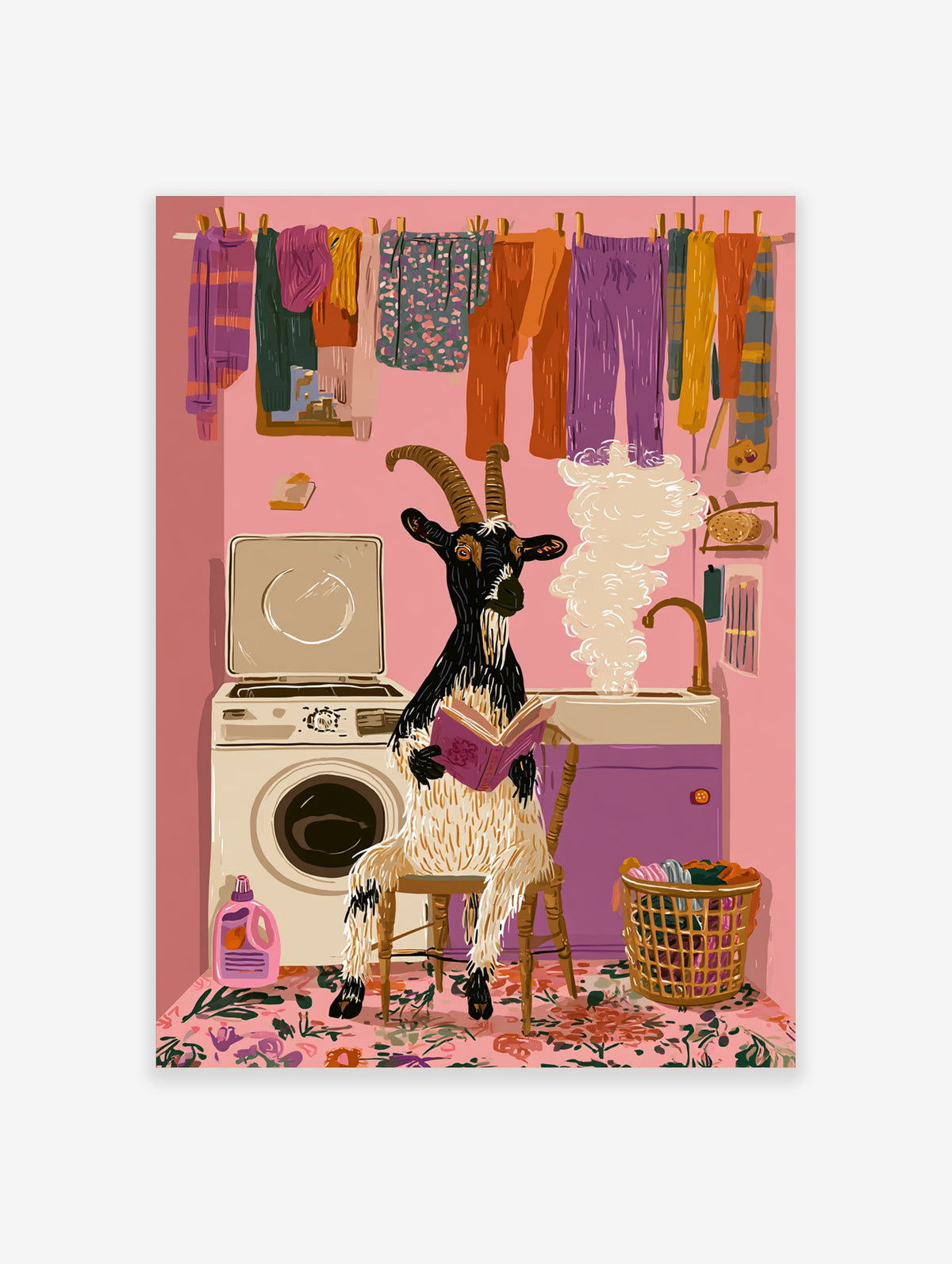Illustration of a goat reading a book in a pink laundry room with hanging clothes and a washing machine