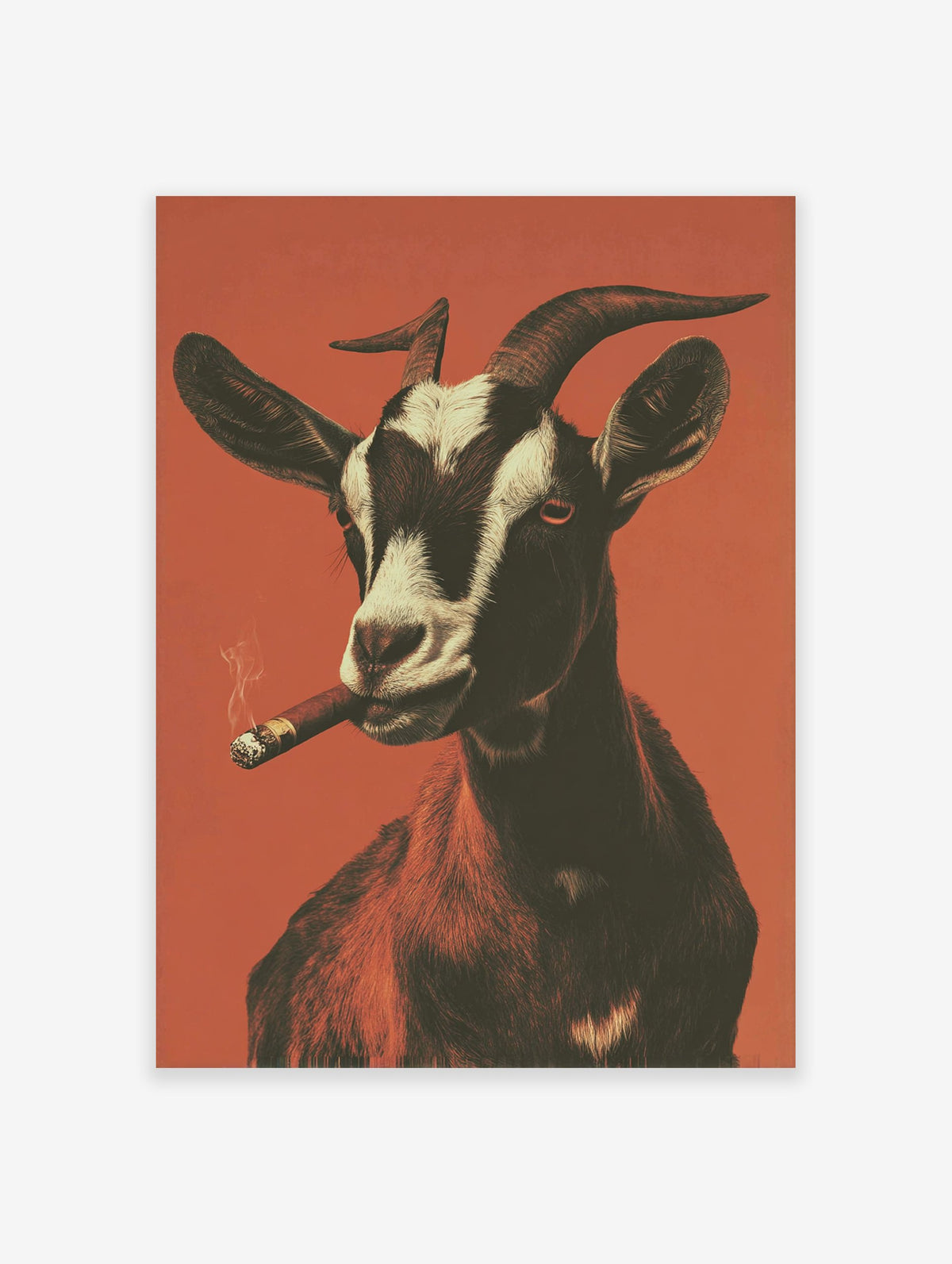 Goat smoking cigar poster with white, black, and brown fur against an orange background, exhaling smoke.