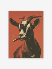 Goat smoking cigar poster with white, black, and brown fur against an orange background, exhaling smoke.