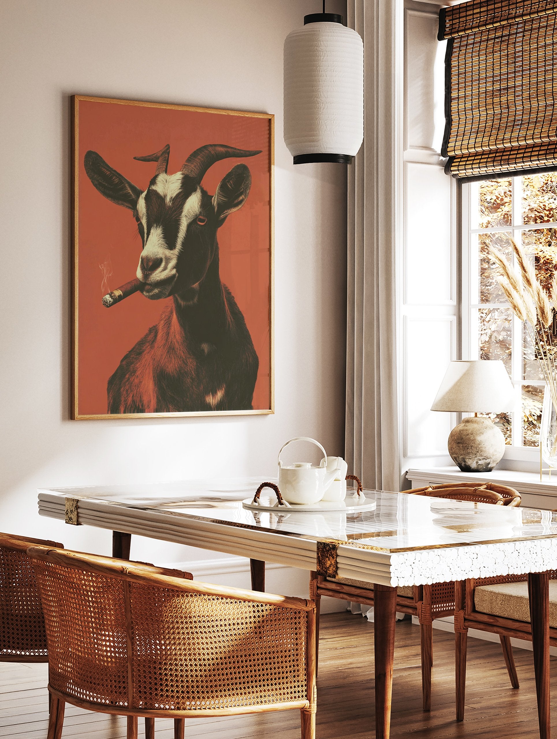 Goat smoking cigar poster with white, black, and brown fur against an orange background, exhaling smoke. - Image 2