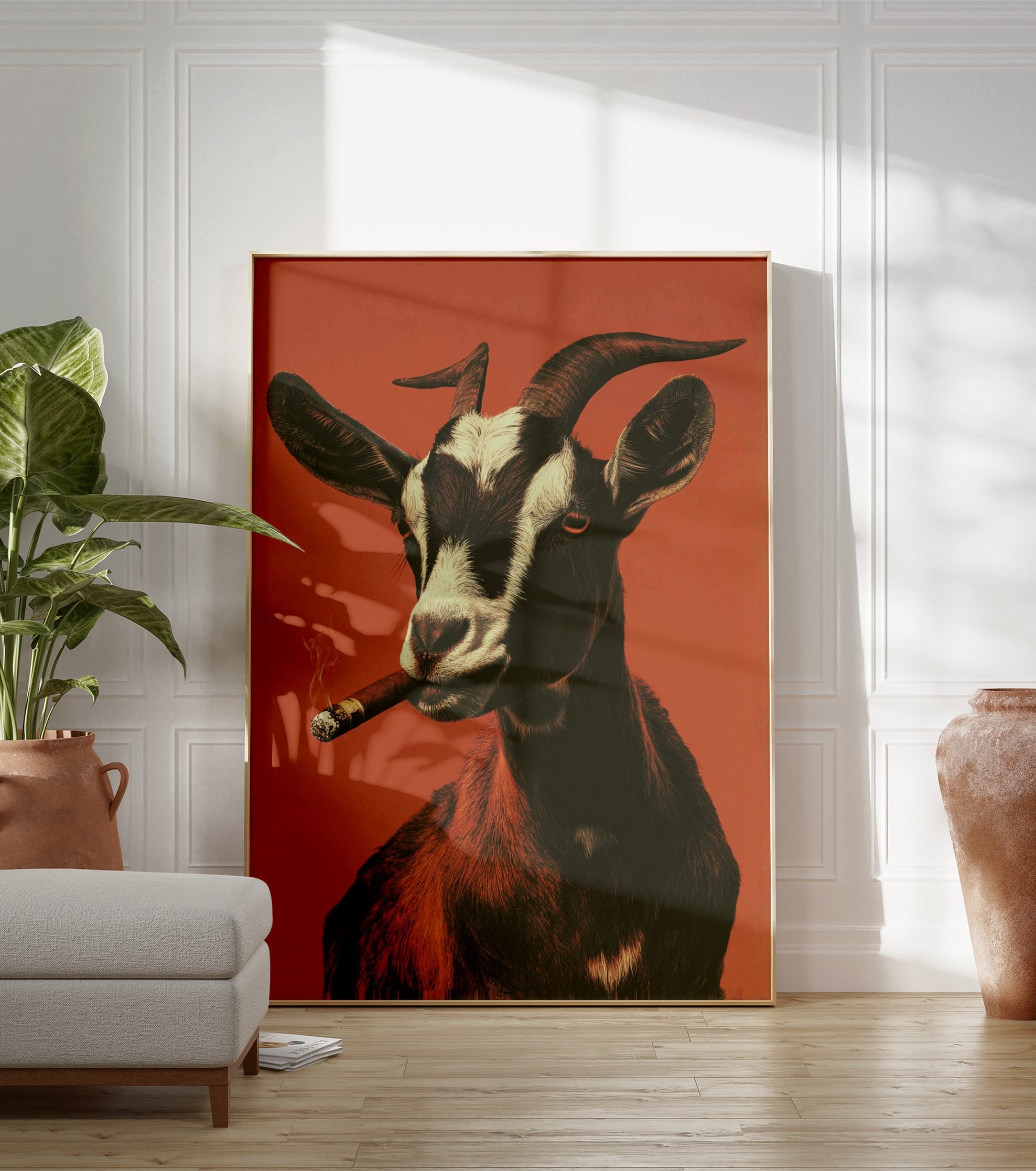Goat smoking cigar poster with white, black, and brown fur against an orange background, exhaling smoke. - Image 3