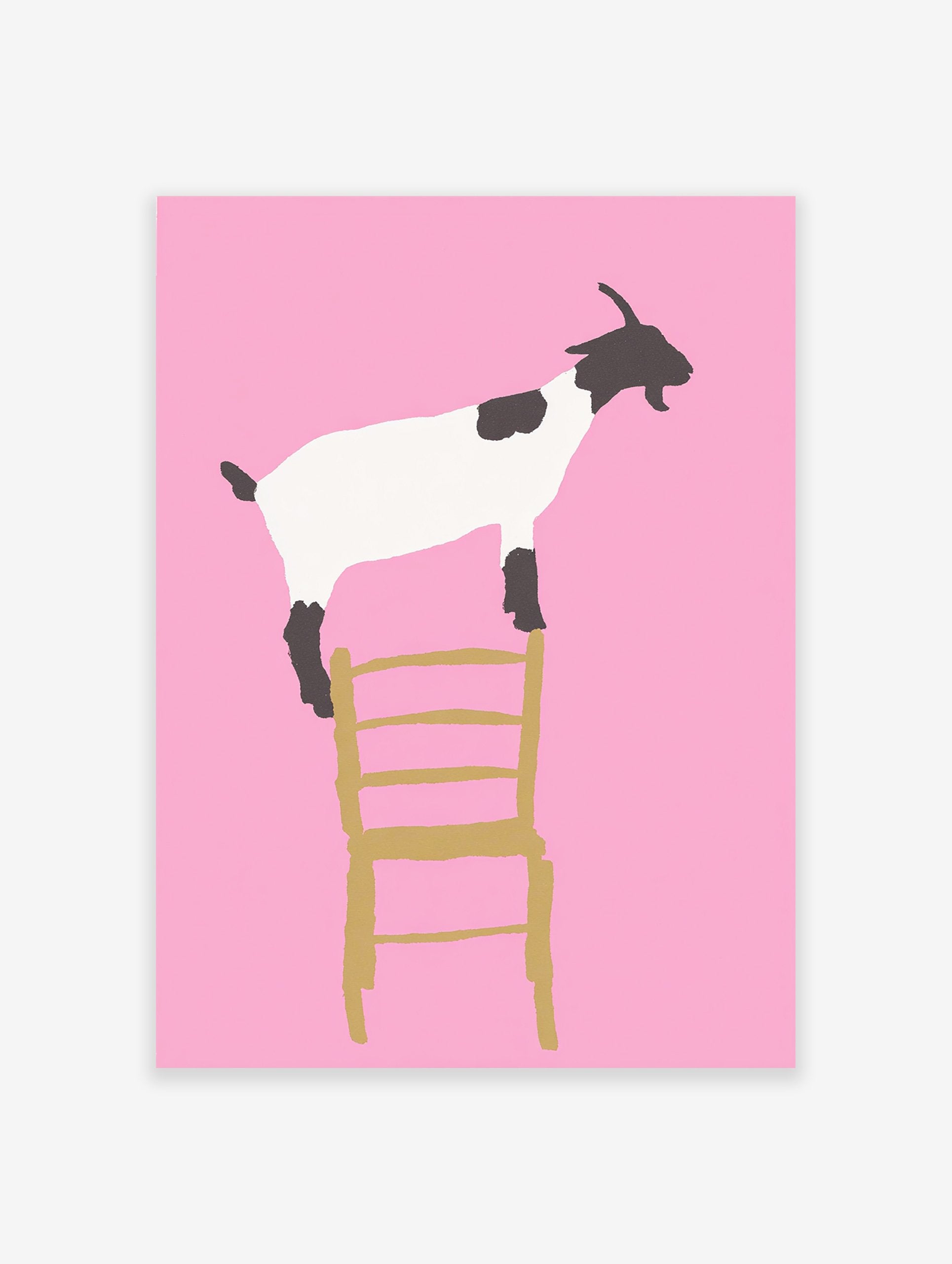 Minimalist illustration of a black and white goat standing on a gold chair against a vibrant pink background. Goat wall art.