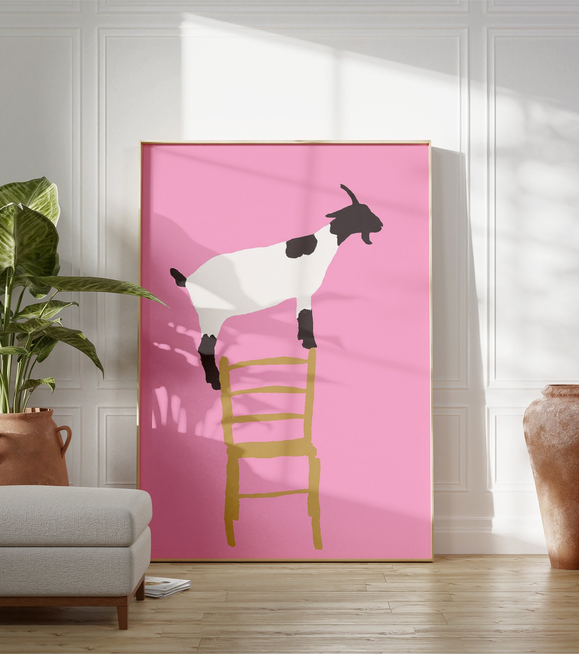 Minimalist illustration of a black and white goat standing on a gold chair against a vibrant pink background. Goat wall art. - Image 3