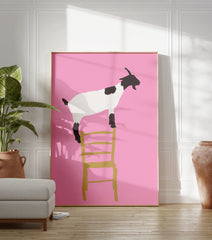 Minimalist illustration of a black and white goat standing on a gold chair against a vibrant pink background. Goat wall art. - Image 3