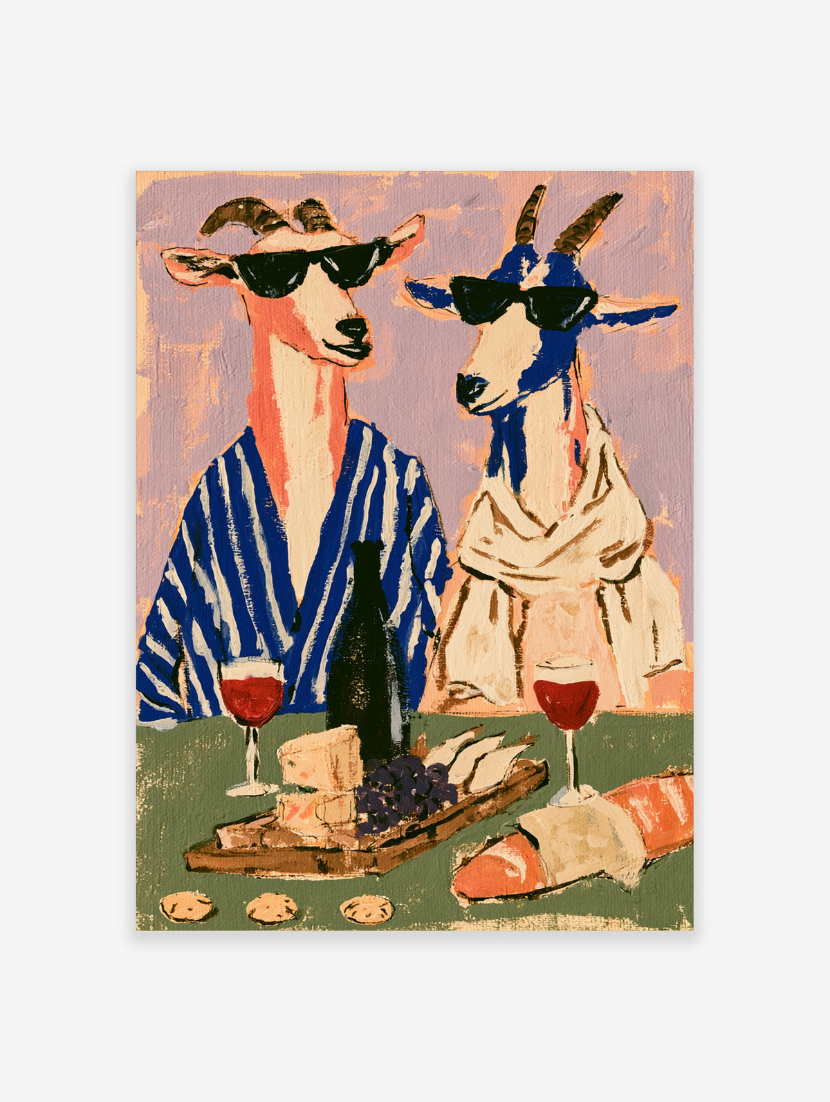 Two goats in sunglasses and robes with wine, cheese and grapes on a table, colourful animal poster
