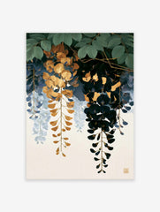 Cascading gold and dark blue wisteria floral illustration on a neutral background, botanical wall art print