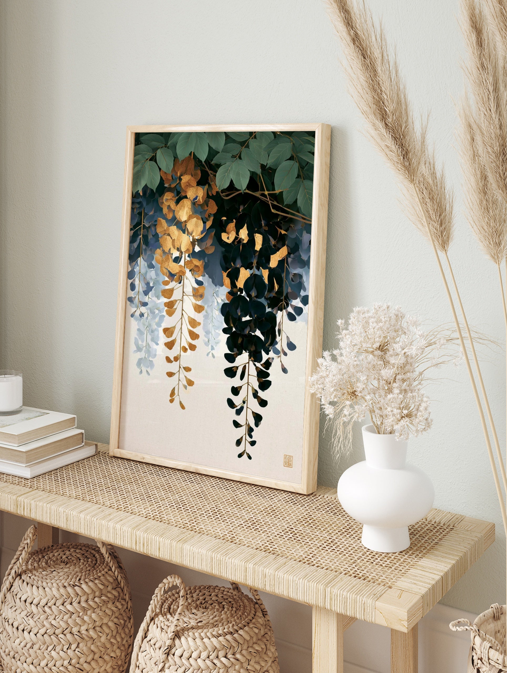 Cascading gold and dark blue wisteria floral illustration on a neutral background, botanical, in an alternate framed mockup