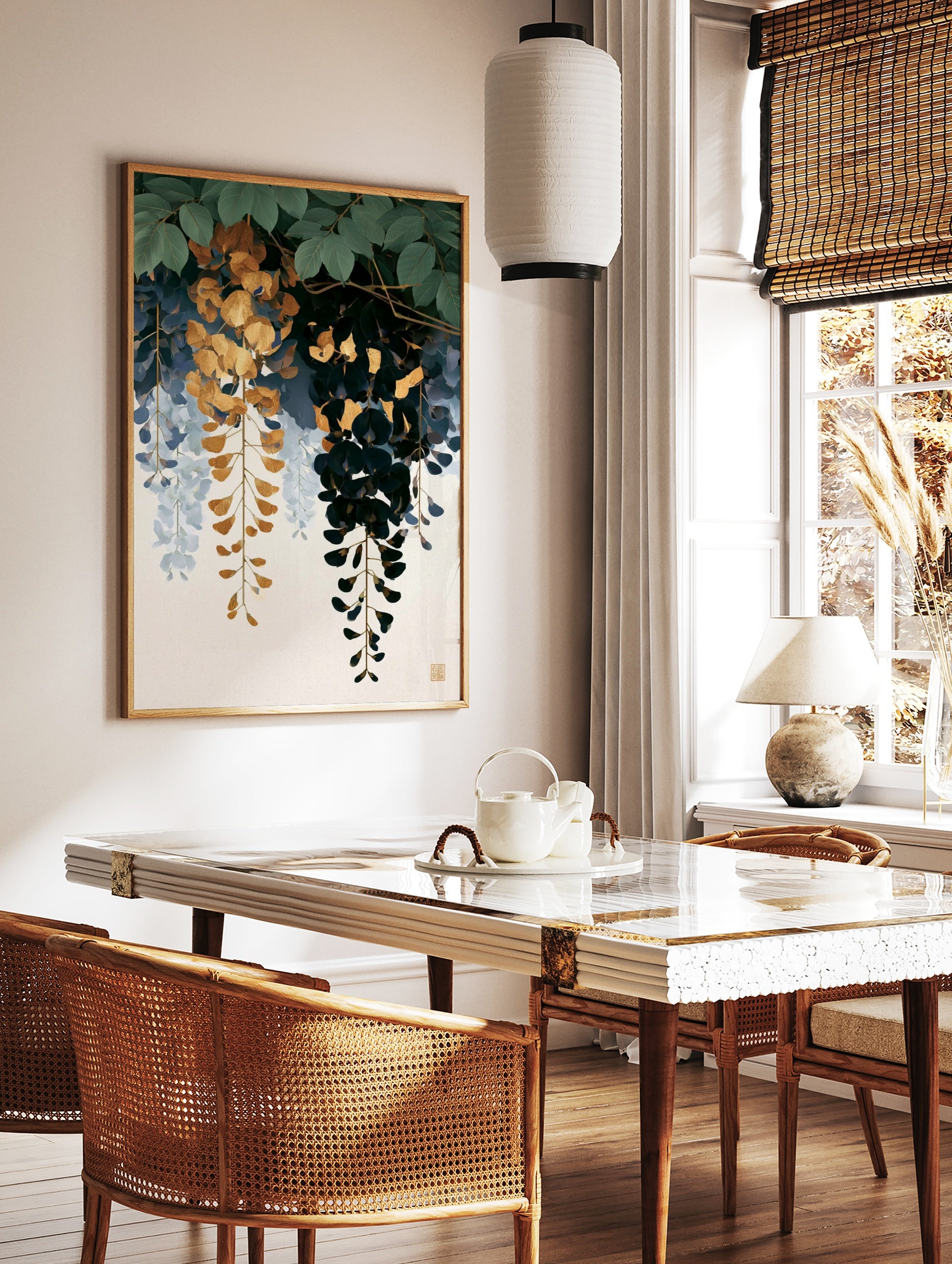 Cascading gold and dark blue wisteria floral illustration on a neutral background, botanical wall, in a styled room mockup