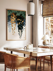Cascading gold and dark blue wisteria floral illustration on a neutral background, botanical wall, in a styled room mockup