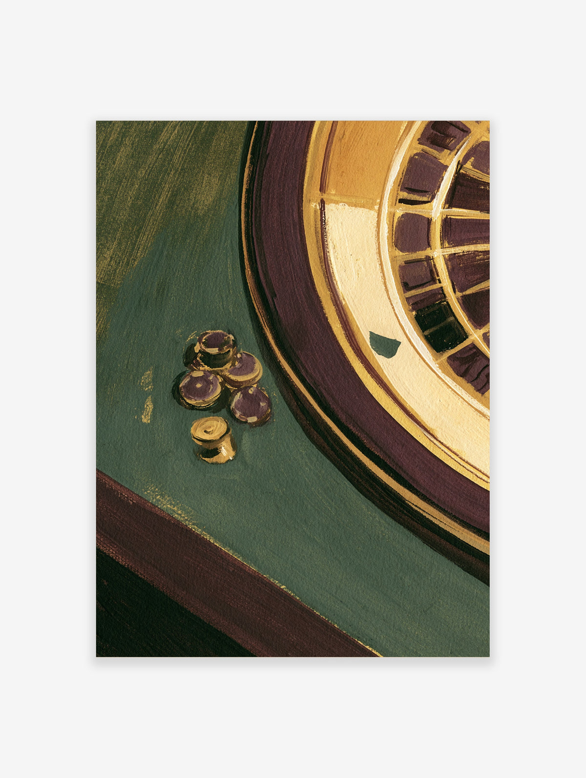 Abstract art print with gold and purple curved form, grid pattern, and round objects on green background