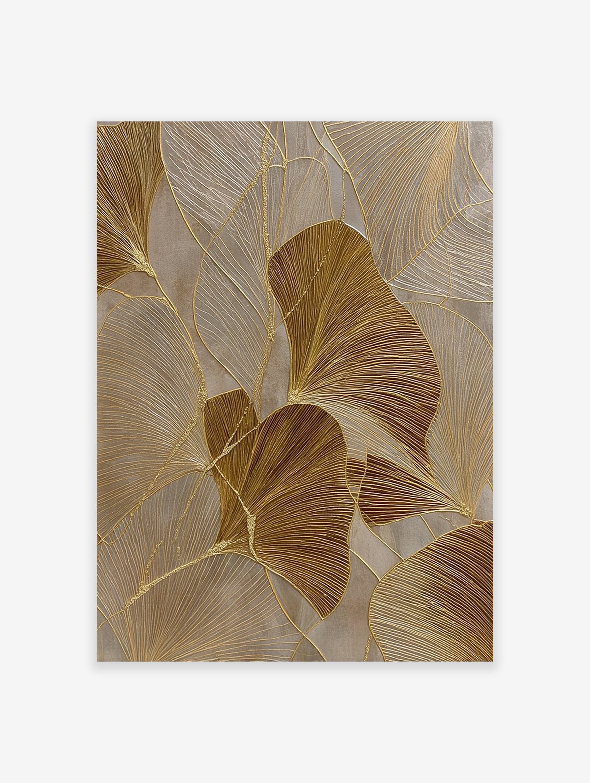 Abstract gold botanical wall art with textured ginkgo leaves and metallic accents on a neutral background.