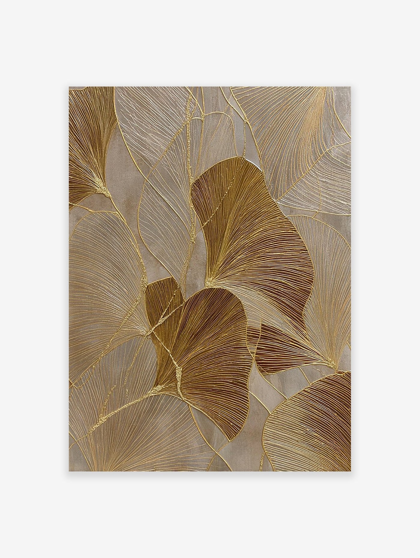 Abstract gold botanical wall art with textured ginkgo leaves and metallic accents on a neutral background.
