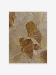 Abstract gold botanical wall art with textured ginkgo leaves and metallic accents on a neutral background.