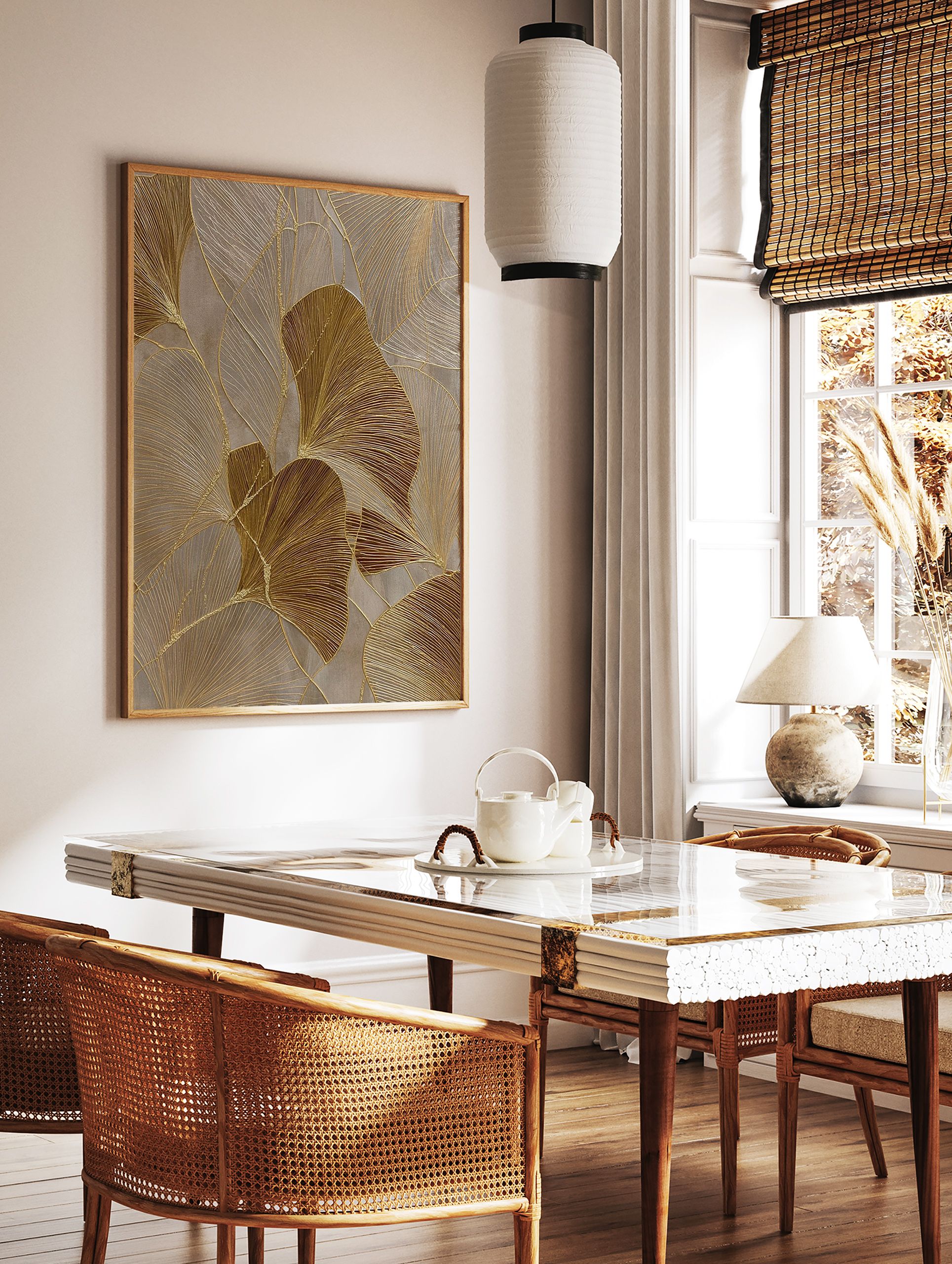 Abstract gold botanical wall art with textured ginkgo leaves and metallic accents on a neutral background. - Image 2
