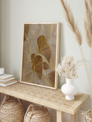 Abstract gold botanical wall art with textured ginkgo leaves and metallic accents on a neutral background. - Image 3
