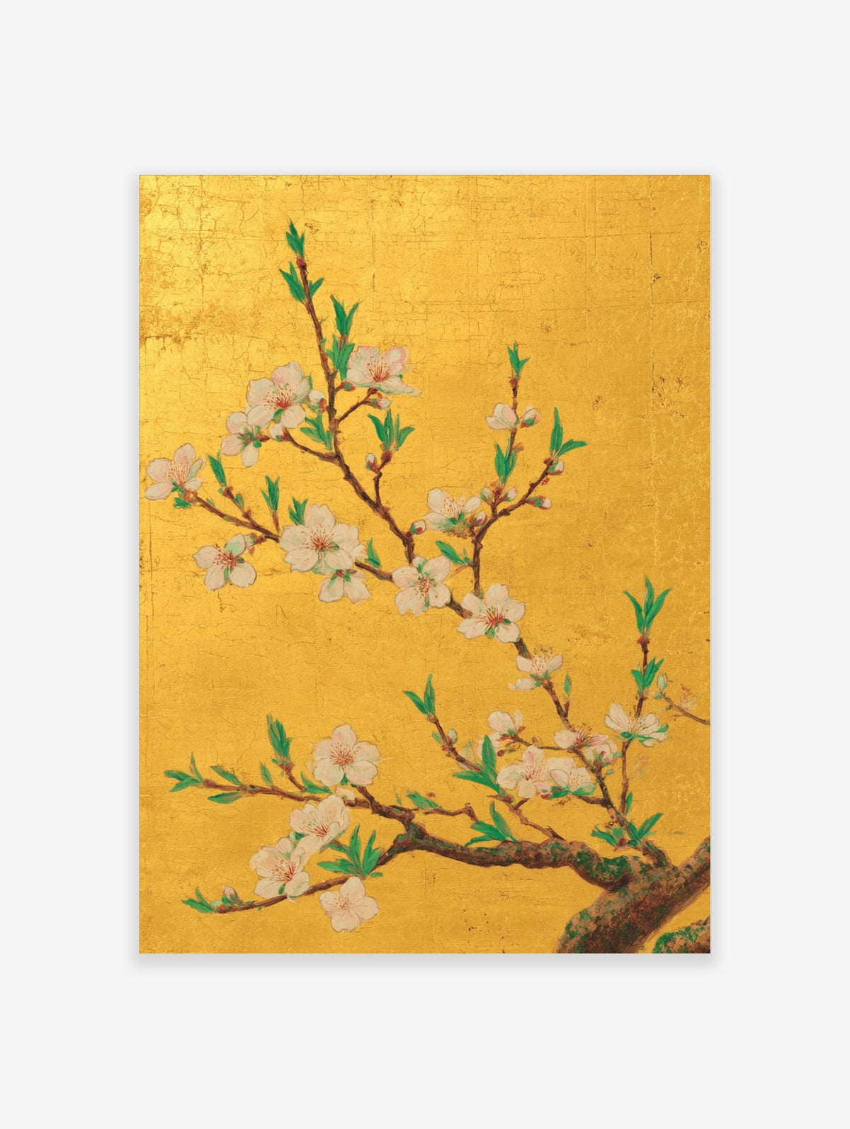 Gold cherry blossom wall art with white and pink flowers, green leaves, and brown branches on a textured gold background