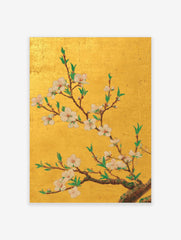 Gold cherry blossom wall art with white and pink flowers, green leaves, and brown branches on a textured gold background