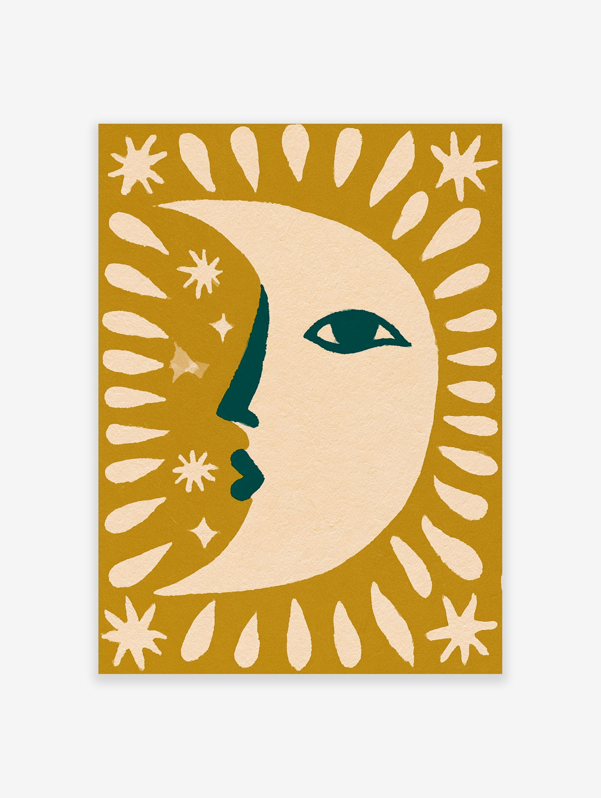 Gold crescent moon face with teal eye and cream sun rays on mustard background art print