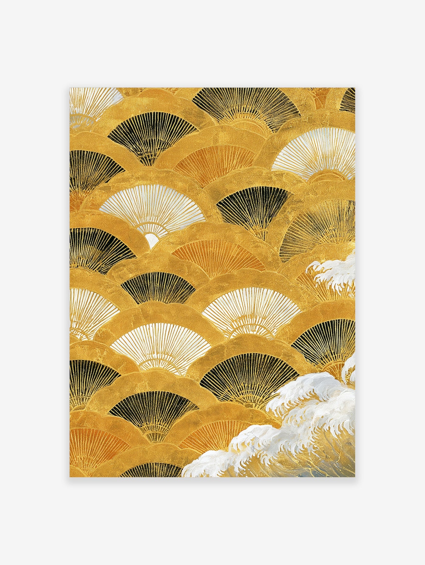 Japanese-inspired gold fan pattern wall art with white wave details on a dark background
