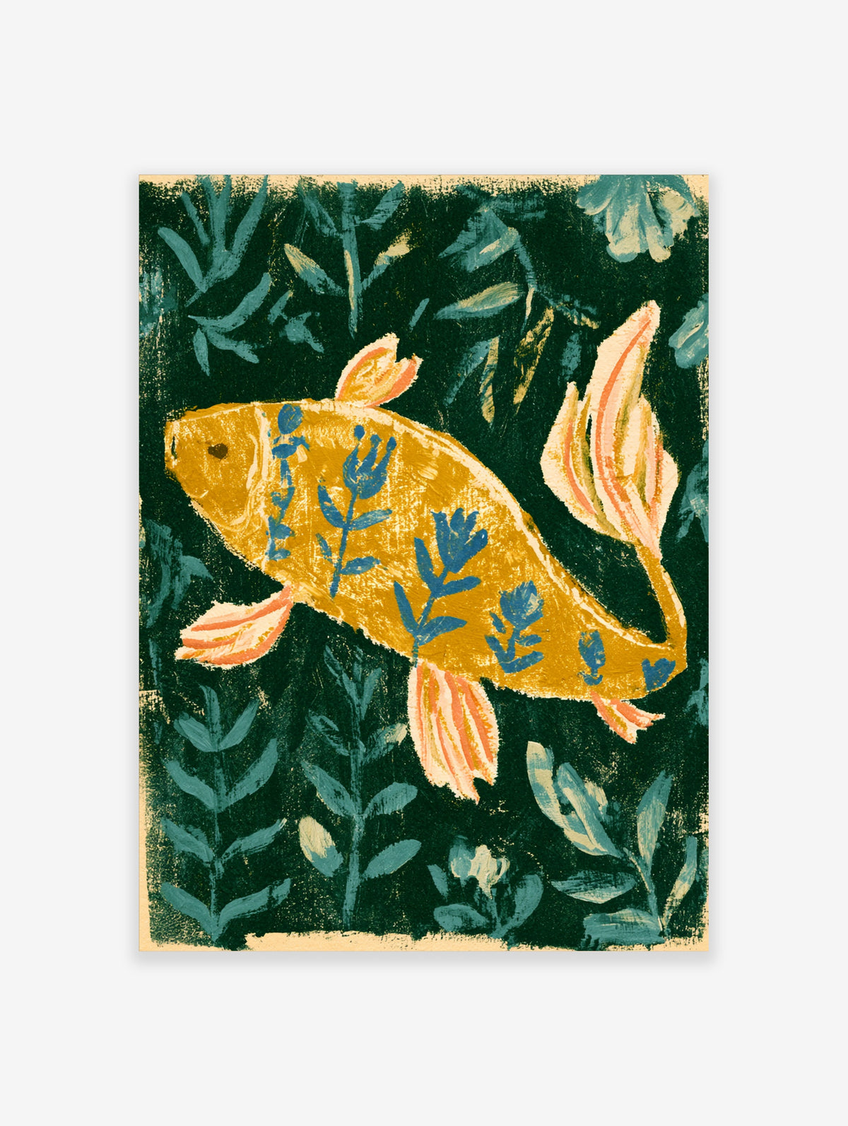 Gold fish art print with blue leaf markings and coral fins on a dark green leafy background
