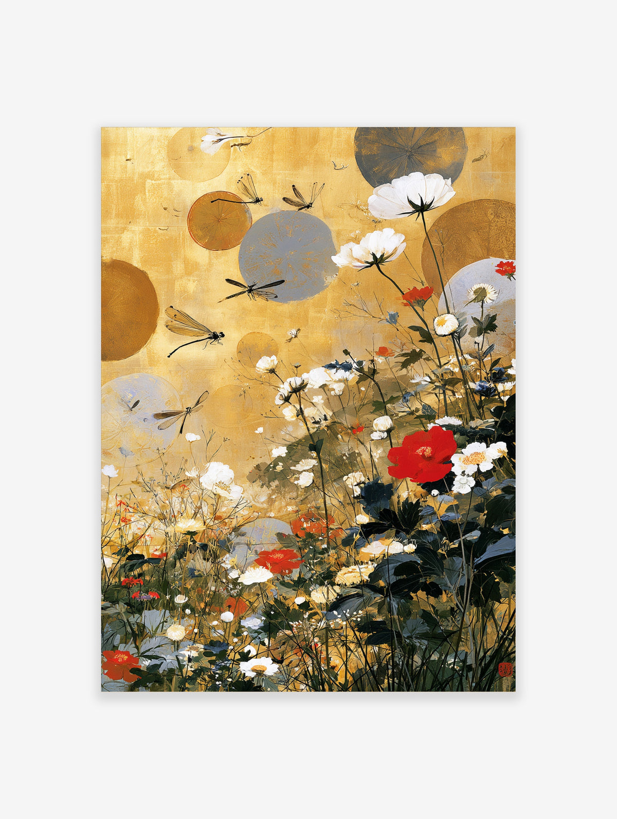 Gold floral meadow art print with white poppies, red bloom and dragonflies over ochre circles