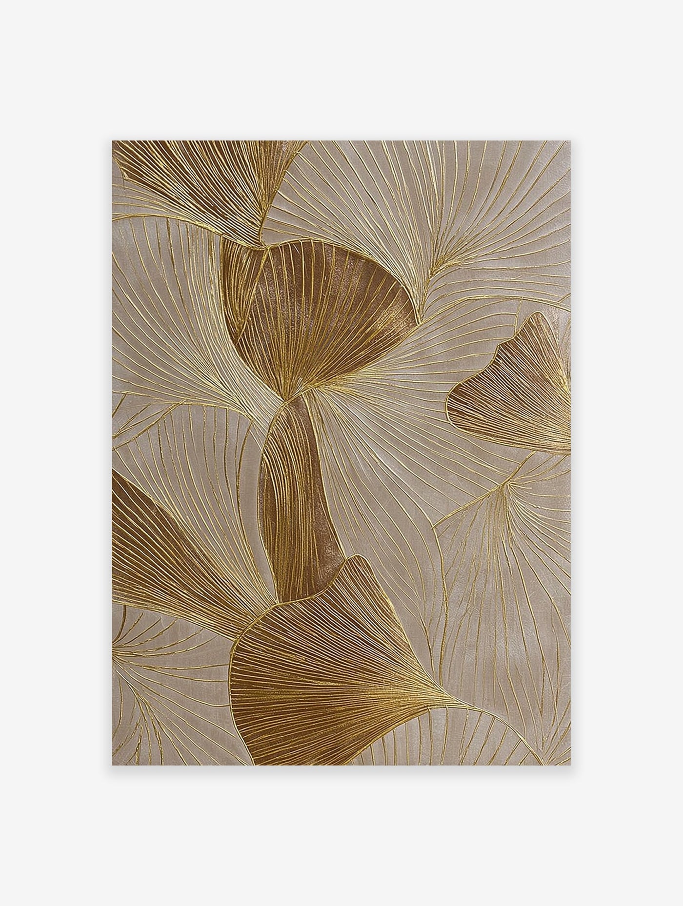 Gold ginkgo leaf abstract botanical wall art print with shimmering metallic lines on a light beige background.