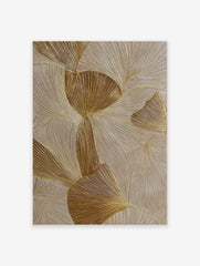 Gold ginkgo leaf abstract botanical wall art print with shimmering metallic lines on a light beige background.