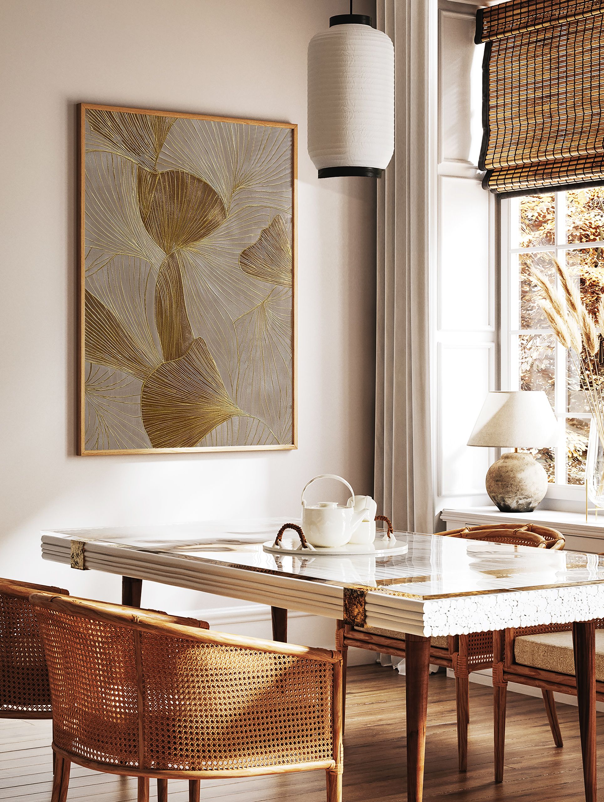 Gold ginkgo leaf abstract botanical wall art print with shimmering metallic lines on a light beige background. - Image 2