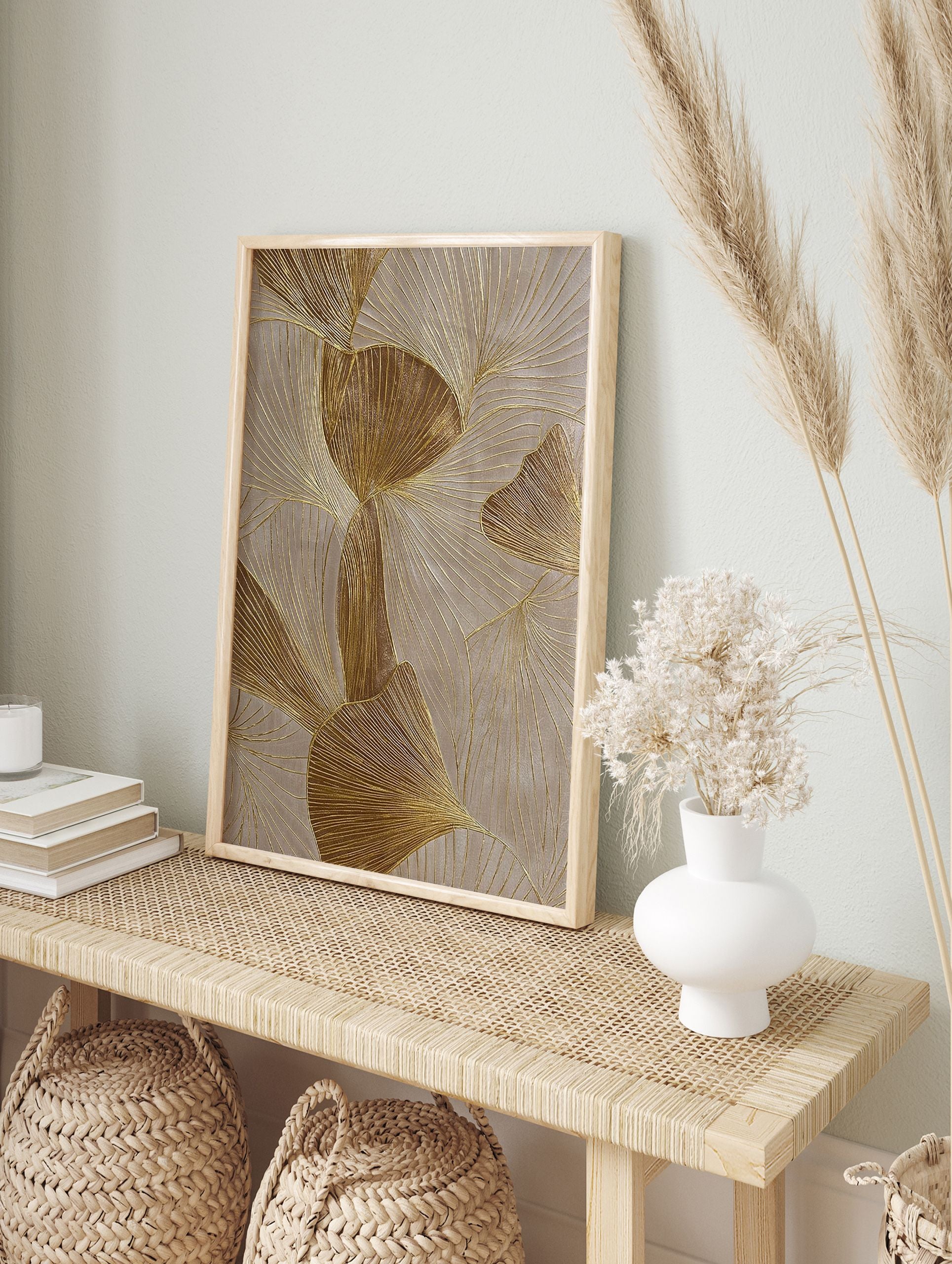 Gold ginkgo leaf abstract botanical wall art print with shimmering metallic lines on a light beige background. - Image 3