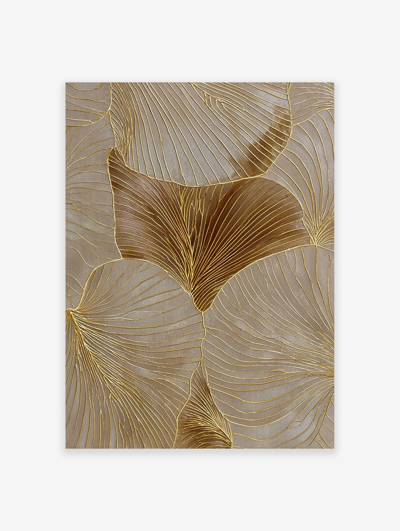 Gold ginkgo leaf wall art with textured metallic lines on a taupe background, modern abstract botanical print.