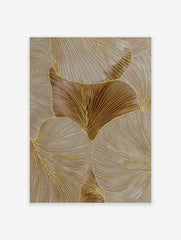 Gold ginkgo leaf wall art with textured metallic lines on a taupe background, modern abstract botanical print.