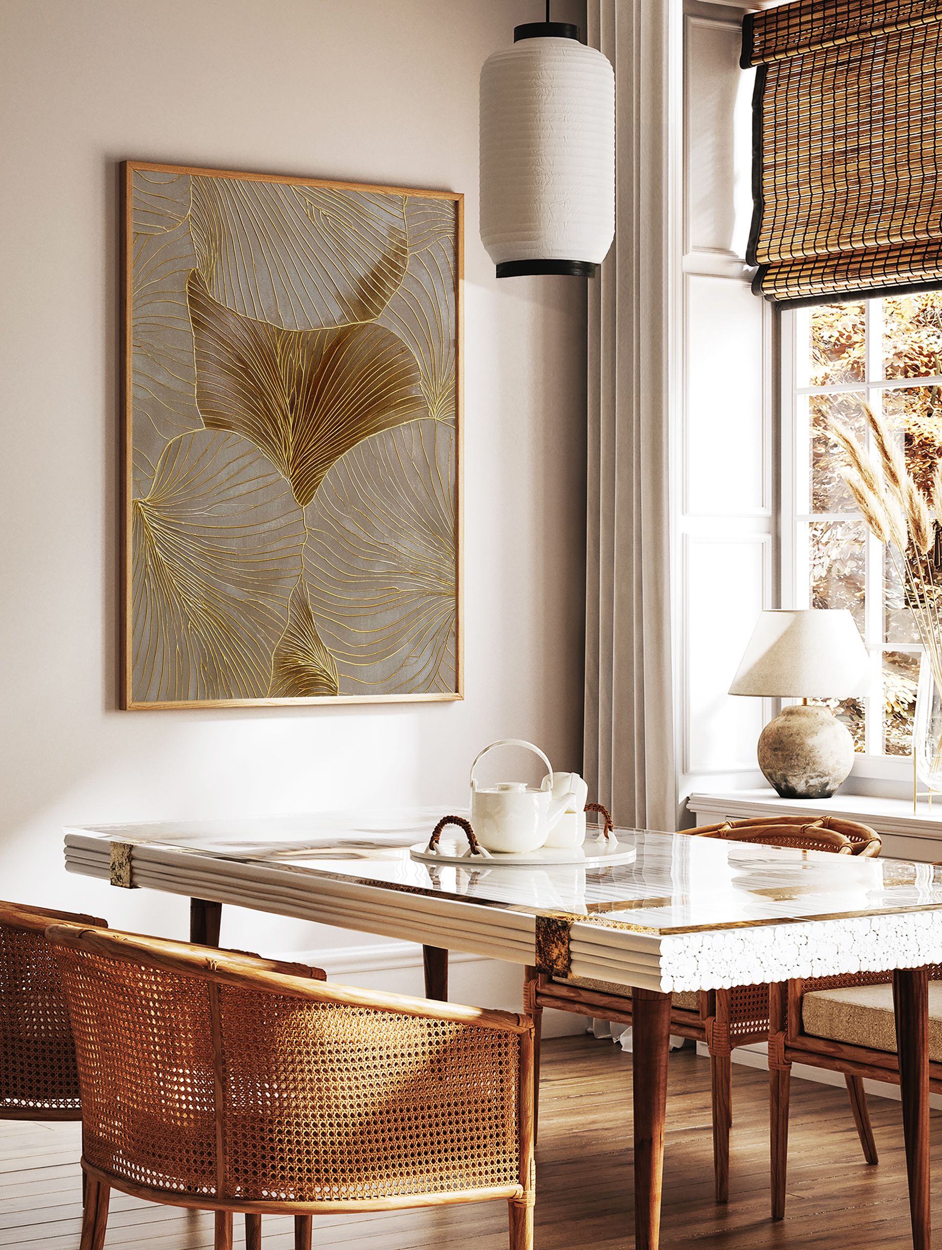 Gold ginkgo leaf wall art with textured metallic lines on a taupe background, modern abstract botanical print. - Image 2