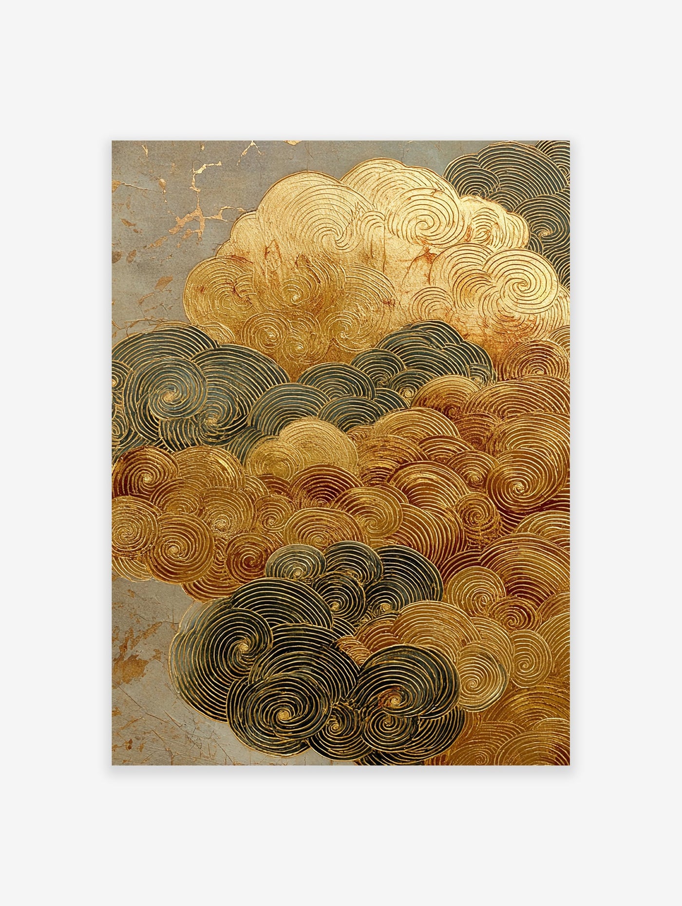 Textured Gold Japanese cloud art print with swirling patterns in gold and dark grey on a distressed background.